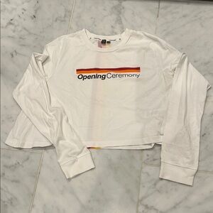 Opening Ceremony White Long-Sleeve Logo Crop Tee with Red-Orange Stripe
